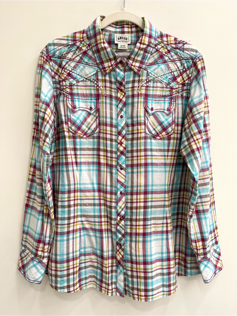Ariat Womens Western Cowgirl Pearl Snap Shirt Plaid Rhinestone Crystals Studs XL